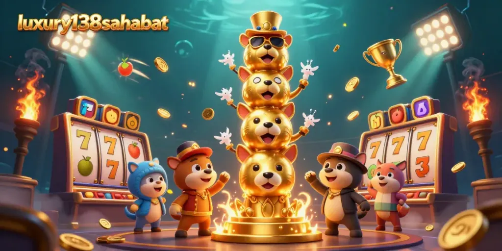Experience exciting slot gameplay with luxury138sahabat through this vibrant 3D scene featuring dynamic game elements.