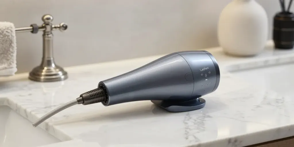 Detailed view of Laifen haartrockner on a marble counter, showcasing its sleek design and controls.