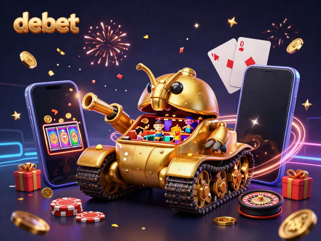Experience the excitement of debet casino with a golden beetle tank showcasing a mini casino and colorful game elements.