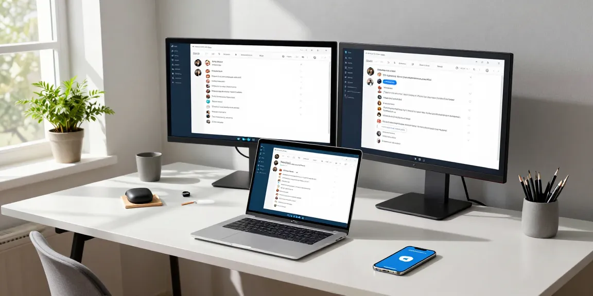 Using Telegram Web on a modern laptop in a productive workspace.