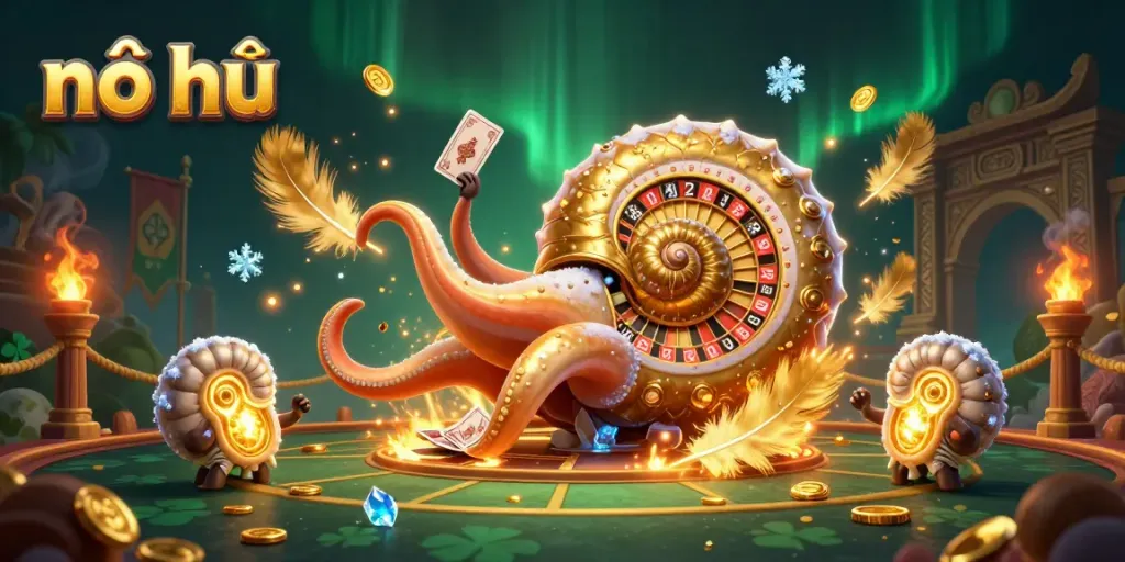 Experience thrilling nổ hũ gameplay with a giant nautilus character amidst golden coins and ancient temple elements.