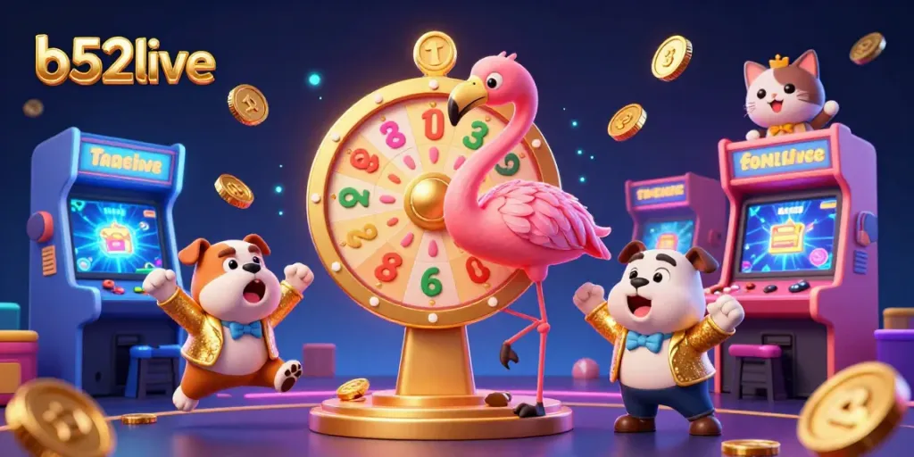 Spin the prize wheel with b52live in this vibrant casino-themed illustration showcasing excitement and rewards.