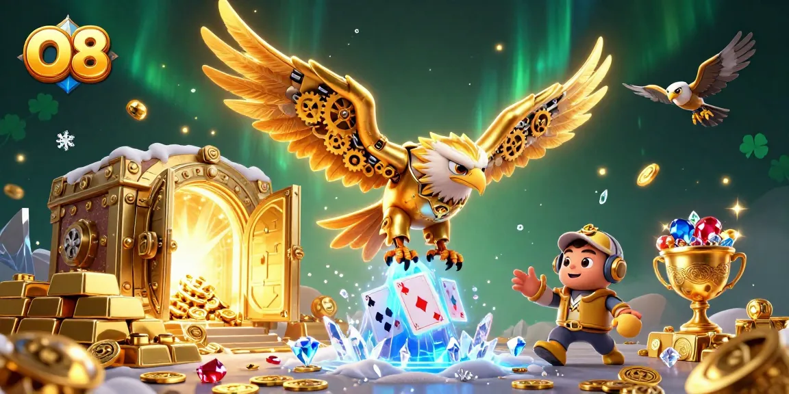 Dive into the exciting world of O8 with a cybernetic golden eagle amidst dazzling treasure and playing cards.