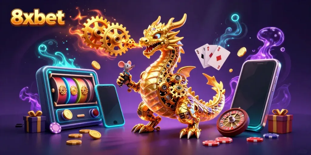 Experience thrilling gameplay with 8xbet's immersive 3D casino illustrated scene featuring vibrant characters and game elements.