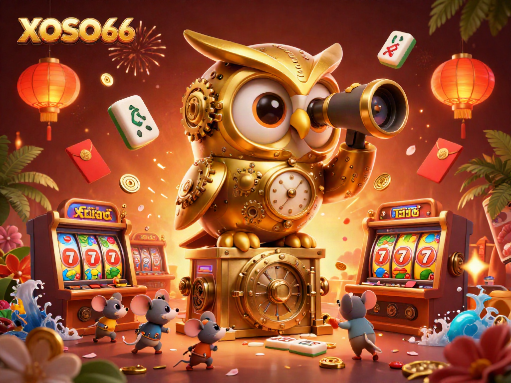 XOSO66 brings a lively casino atmosphere with a golden owl and joyful mouse patrons amid slot machines.