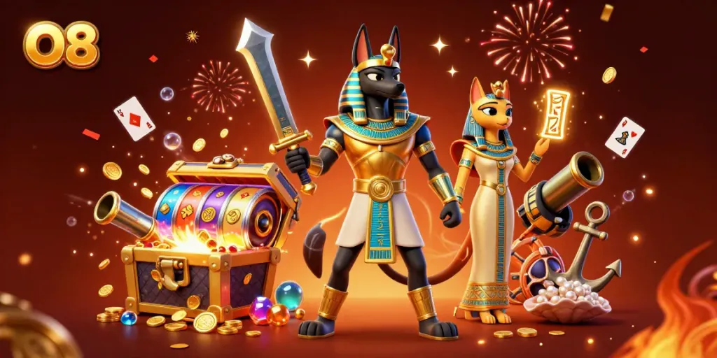 Unveiling thrilling gambling adventures with O8, featuring bold Egyptian warriors and captivating gaming elements.
