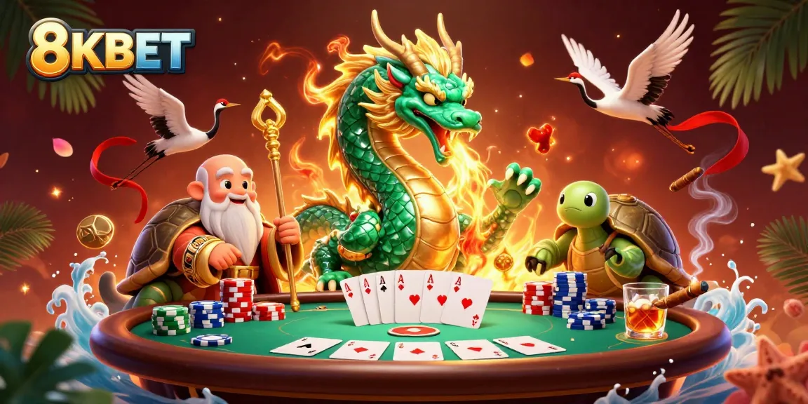 Experience winning vibes at 8KBET with a jade dragon and poker tables in vibrant setting.