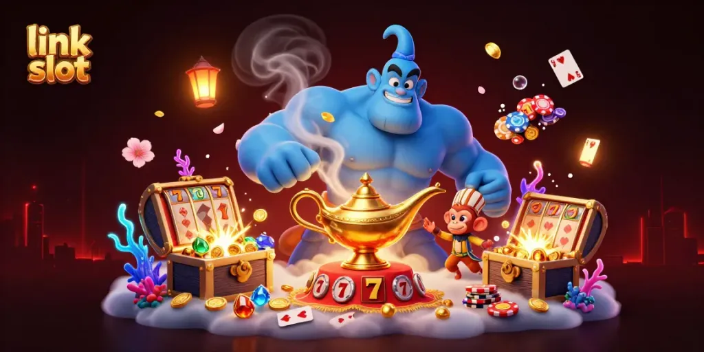 Experience excitement with link slot in this vibrant casino scene featuring a genie, monkey, and poker chips.