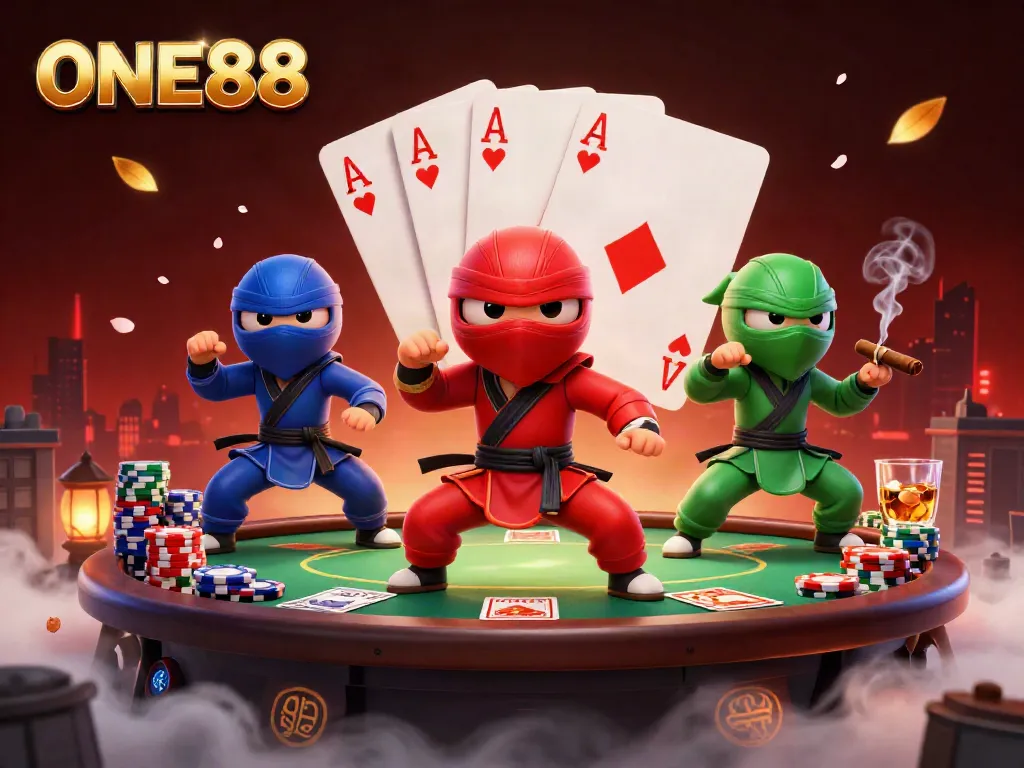ONE88 ninja chameleons showcase their poker skills in a vibrant casino scene.