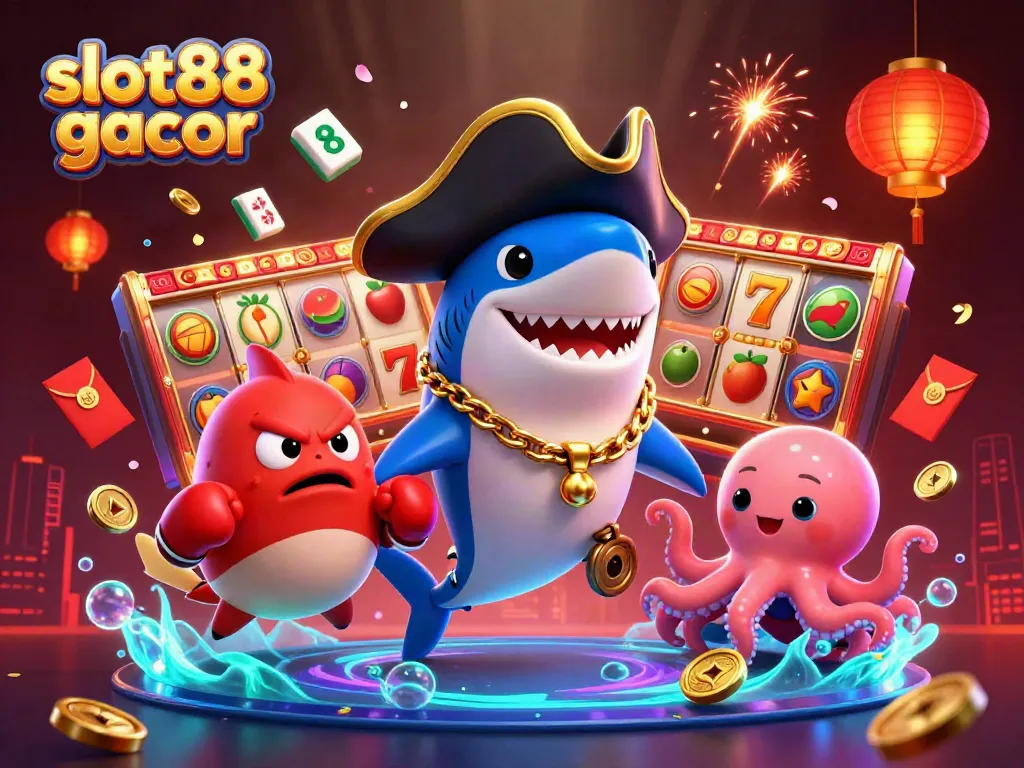 Ikon bermain slot88 gacor dengan karakter kartun seperti hiu, ikan puffer, dan gurita