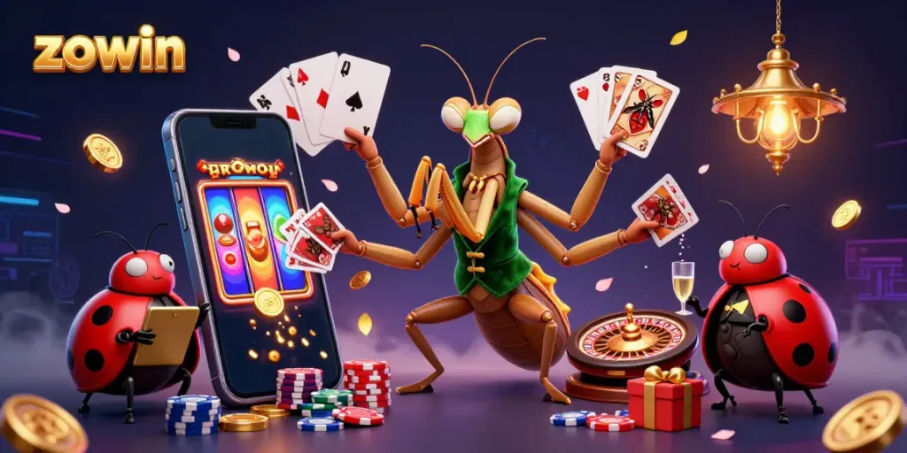 Zowin's vibrant casino scene features a giant praying mantis card sharp and a ladybug pit boss, with exciting gaming elements.