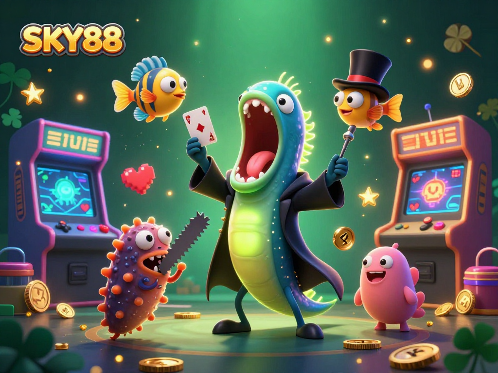 SKY88 captivates players with a vibrant scene of a magical deep-sea casino act featuring animated sea creatures.