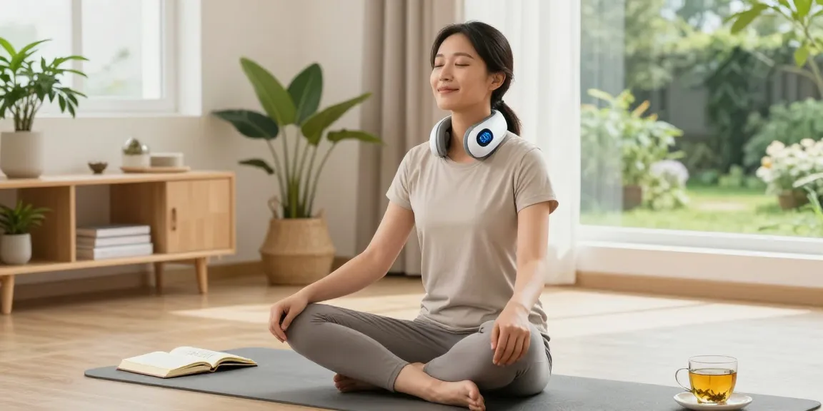Vagusnervstimulation gerät testsieger in a serene home wellness setting with individual using the device for relaxation.