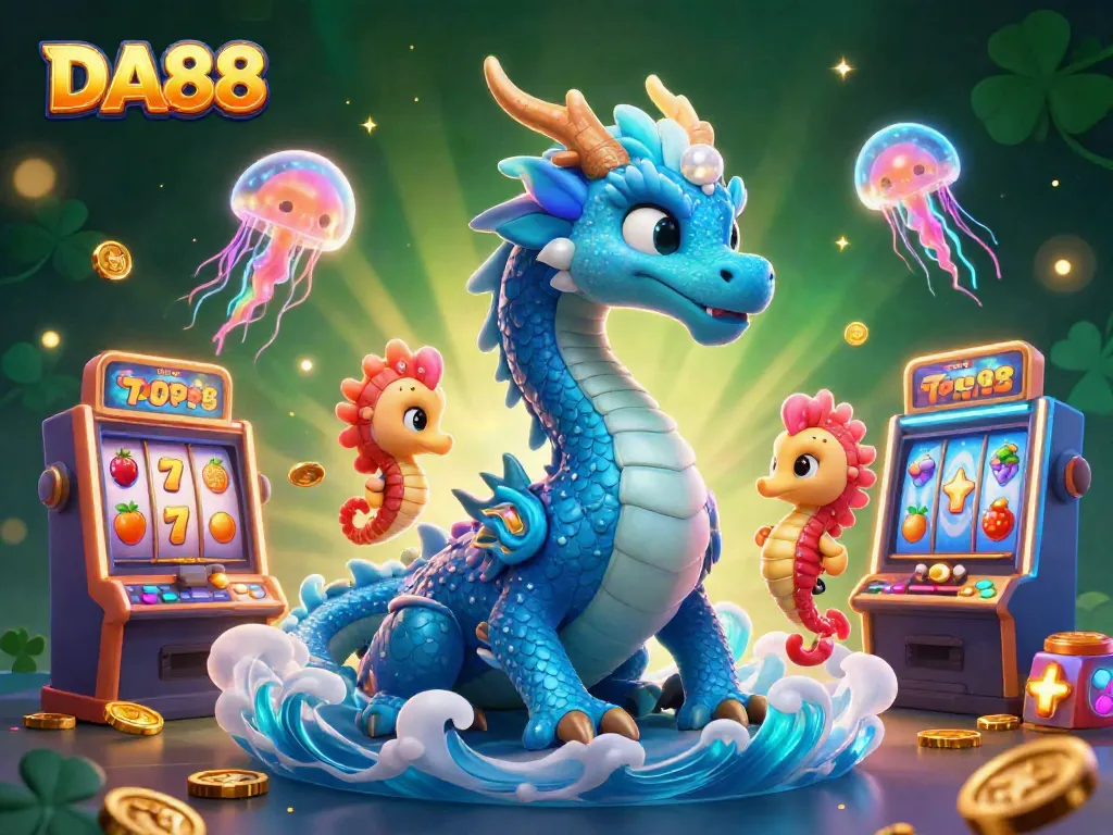 Spin the slots with DA88 in a vibrant undersea casino adventure featuring a water dragon and knight.