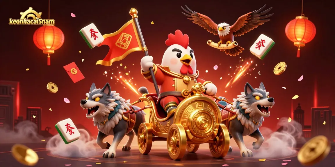 Experience the excitement of keonhacai5nam with a dynamic scene featuring a rooster warlord and golden symbols.