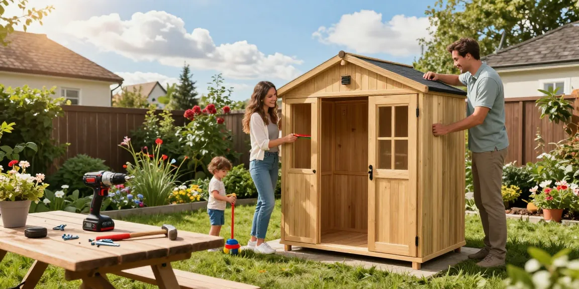 Gartenhäuser: Glückliches Paar beim Zusammenbauen eines Holz-Gartenhauses im eigenen Garten.
