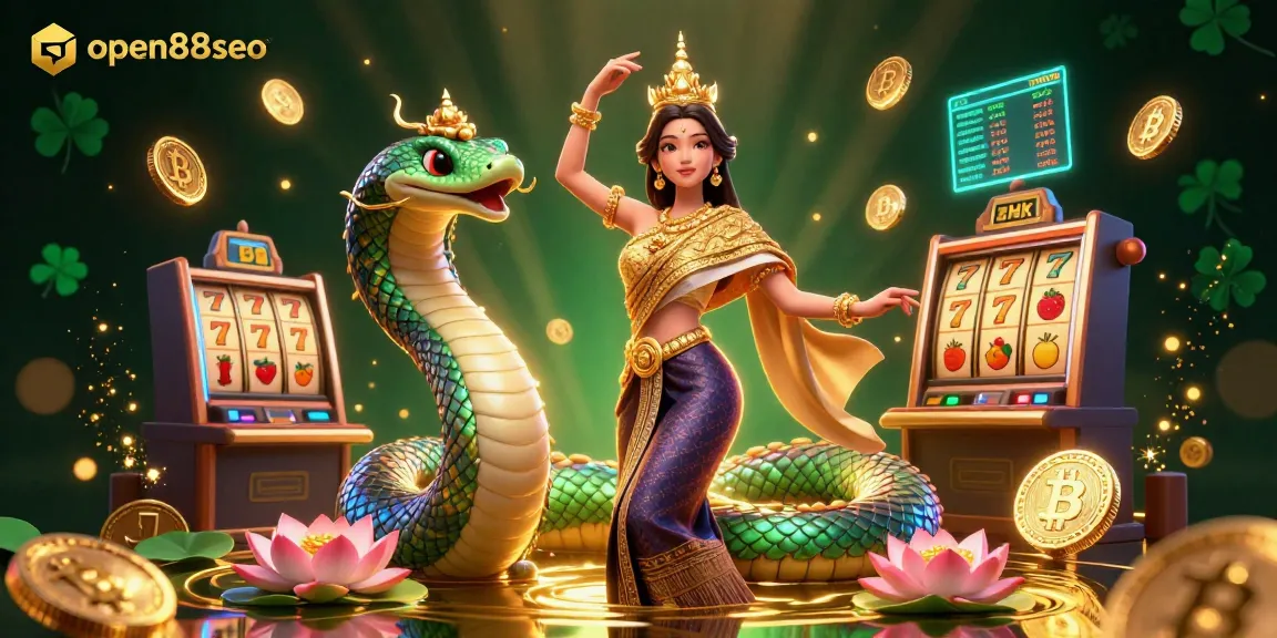Experience the thrill of slots and crypto with open88seo's vibrant illustrated scene featuring a dancing Thai woman.