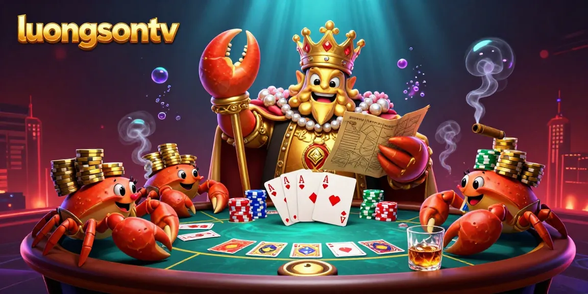 Experience the thrill of gambling with luongsontv, featuring vibrant casino elements and an emperor crab in 3D illustration.