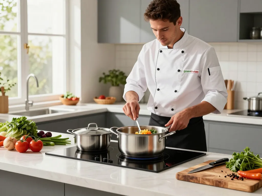 Entdecken Sie den besten Induktionskochtopf mit dem GreenKitchen 24cm Topf in einer modernen Küche.