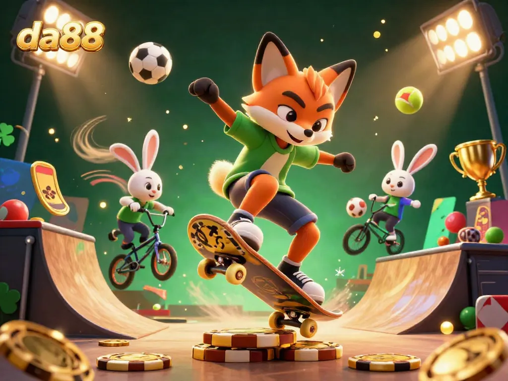 Experience thrilling sports betting action with da88 through a vibrant 3D illustration of a skateboarder and BMX rider.