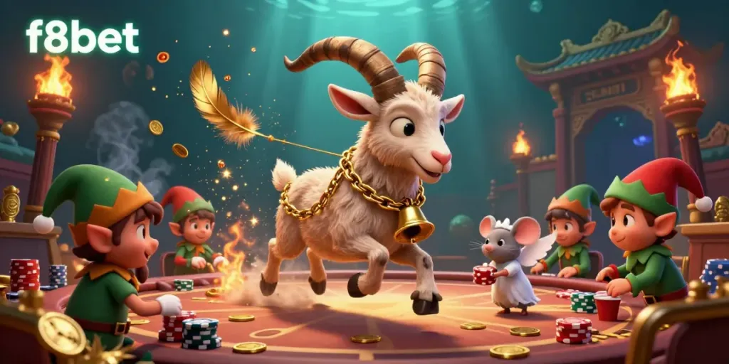 Bet big with f8bet in a whimsical holiday casino scene featuring Krampus, an angel mouse, and mischievous gremlins.