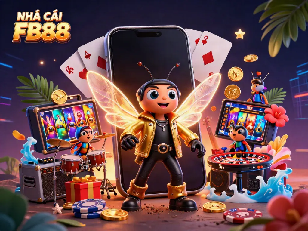 Experience the thrill of NHÀ CÁI FB88 with vibrant slot games and cheerful cartoon characters in a rich casino scene.