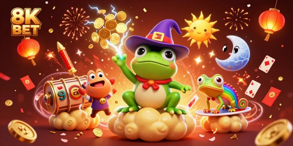 Experience the excitement of 8K BET with dynamic characters and casino-themed elements in a vibrant celebration!