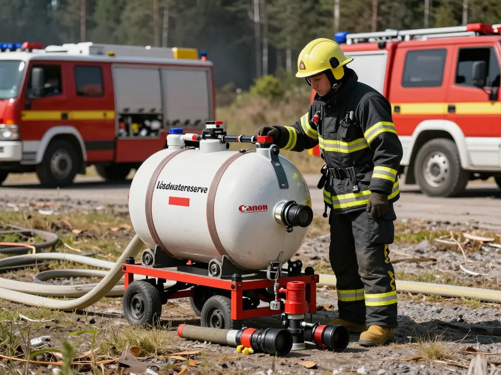Löschwasserreserve-Setup, das von einem Feuerwehrmann mit Feuerwehrausrüstung in einer Notfallsituation im Freien inspiziert wird.