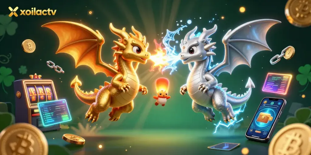Xoilactv showcases twin dragons in a dynamic gambling scene with vibrant casino elements.