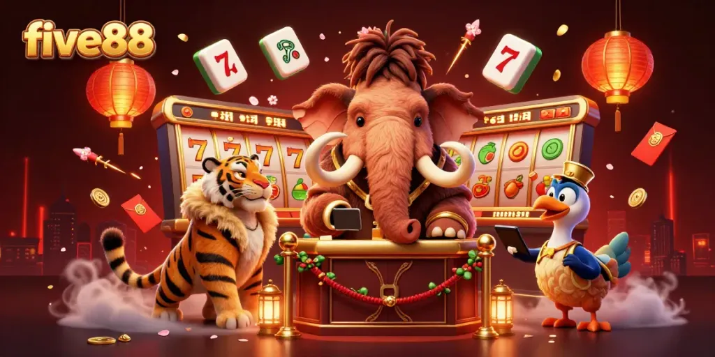 Experience the excitement of five88 casino games with lively characters and vibrant details in this stunning illustration.