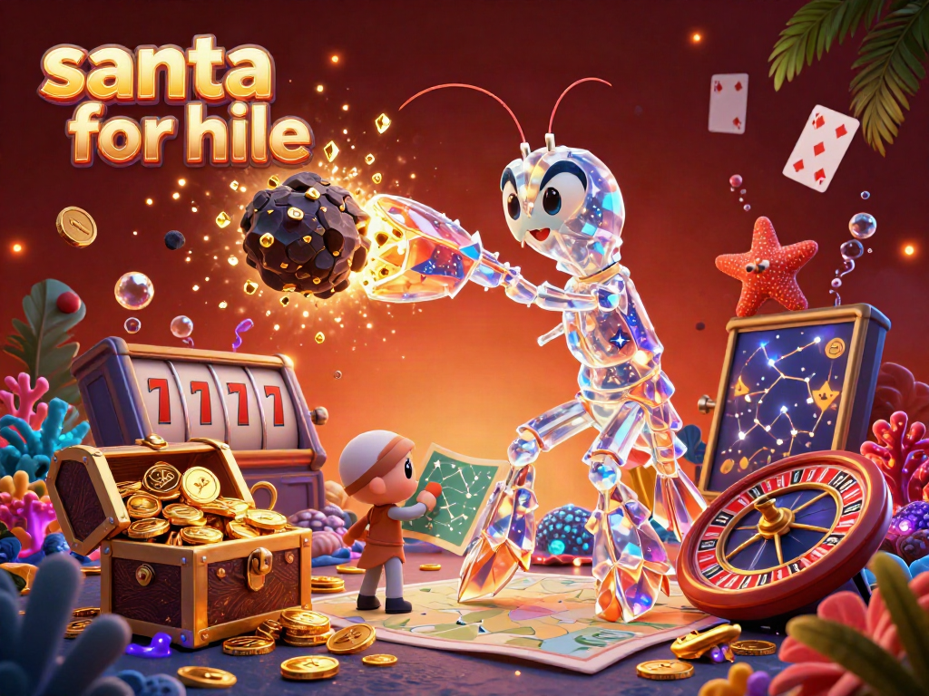 Engaging scene of a 3D cartoon mantis shrimp with Santa for hire-themed casino elements, showcasing vibrant card and coin action.