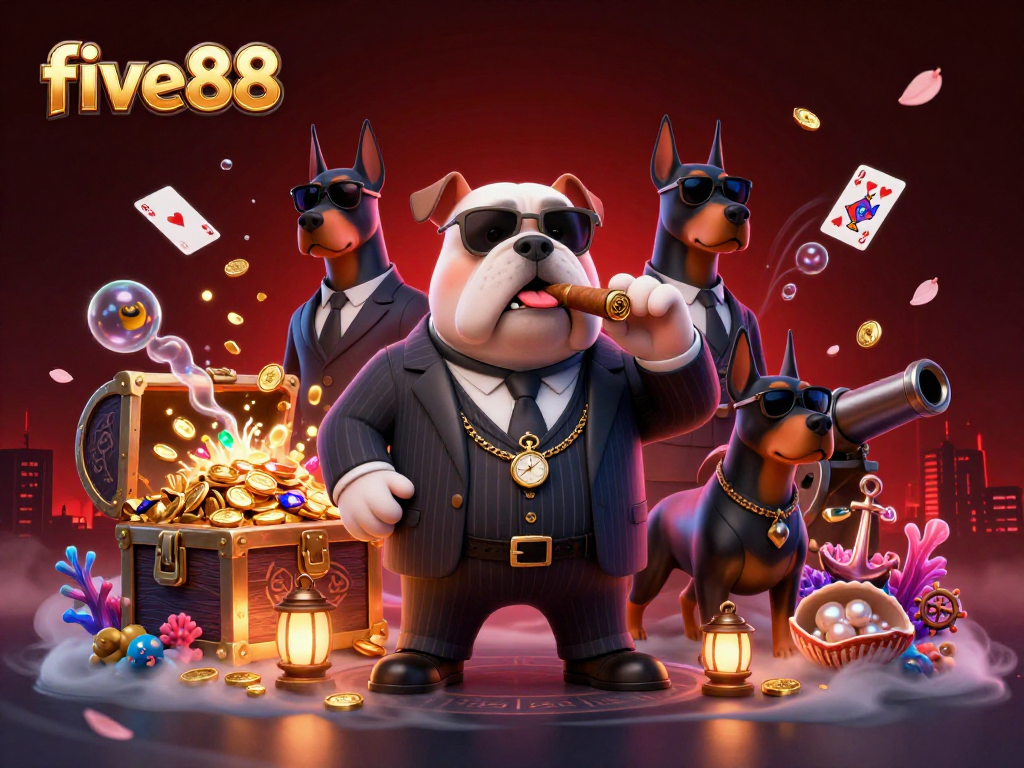 Engage with the thrilling vibes of five88, featuring a mafia bulldog in a casino-rich environment.
