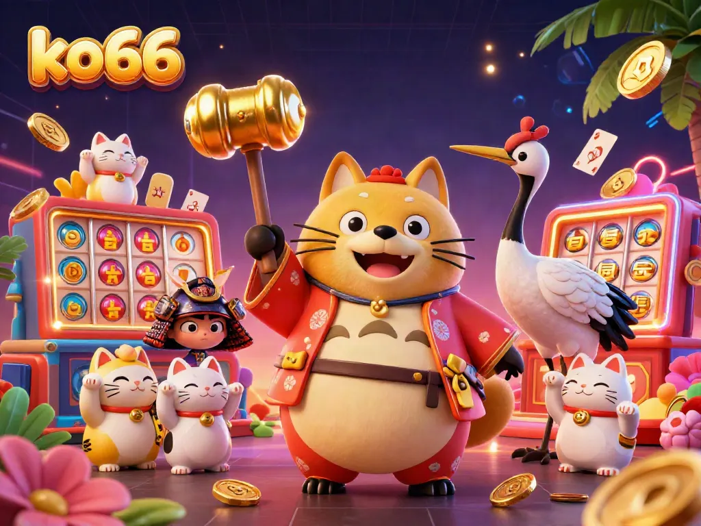 Engage with the thrilling atmosphere at ko66, where the cheerful tanuki and friends celebrate winning moments amid vibrant casino elements.