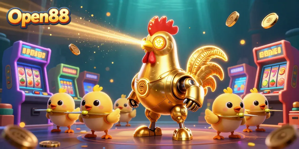 Experience the excitement of Open88 with a robotic rooster and baby chick drones in a vivid casino setting.