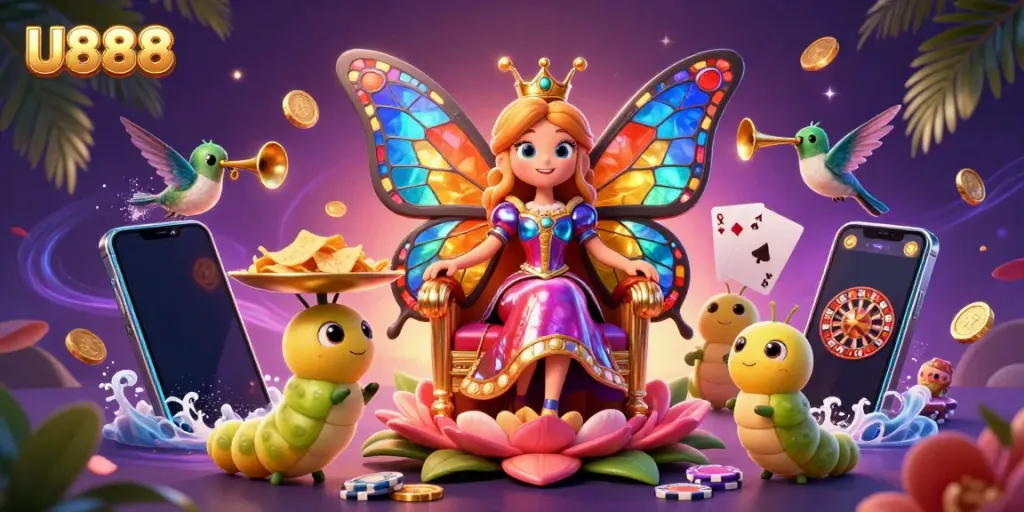 Experience U888's vibrant casino world with a butterfly queen and gaming elements in a dynamic 3D scene.