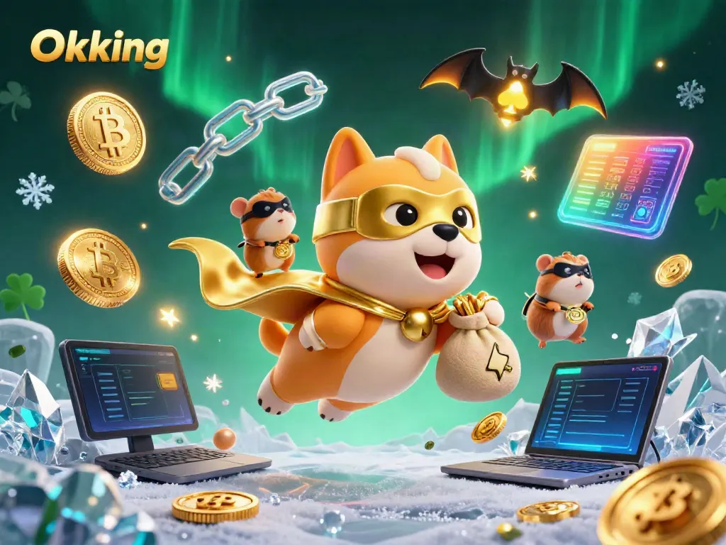 Experience the thrill of Okking with a superhero dog and hamster amidst vibrant gaming elements.