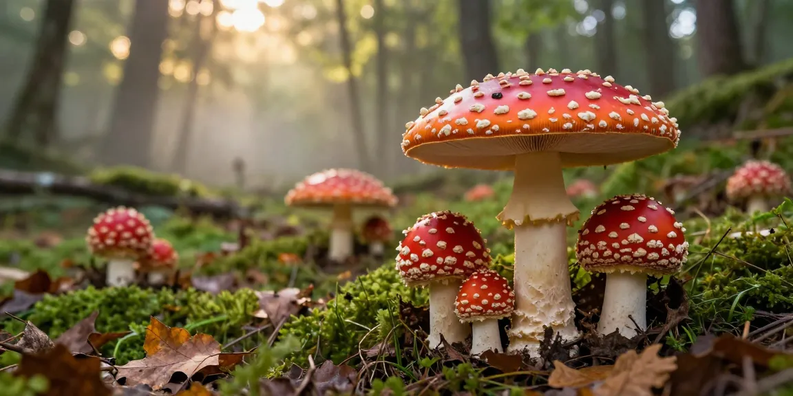 Fliegenpilz kaufen: Frische Amanita Muscaria in einem unberührten Wald.