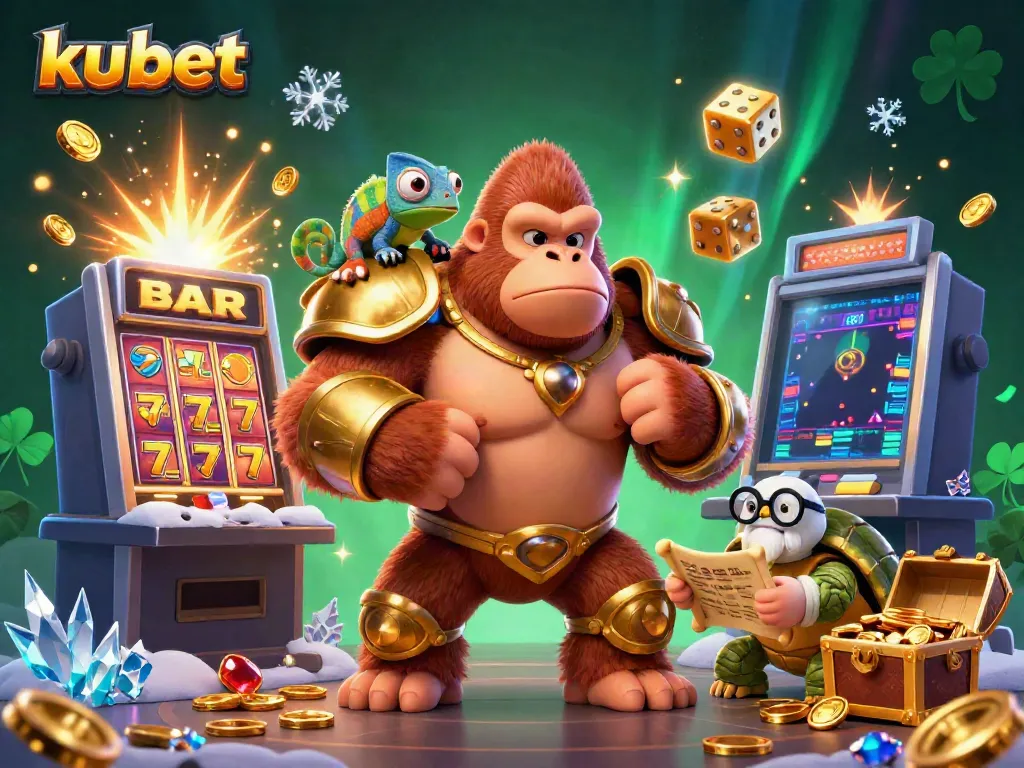 The lively kubet illustration showcases a gorilla king, chameleon, and tortoise among dynamic casino elements, depicting excitement.