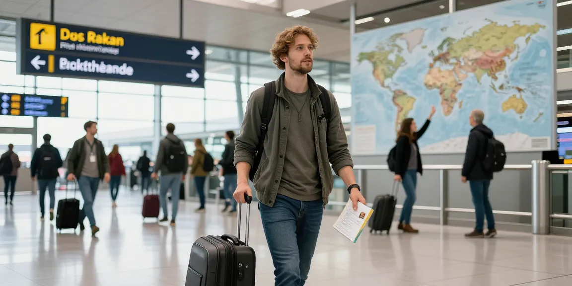 Airport Transfer Frankfurt experience, traveler with luggage in busy terminal.