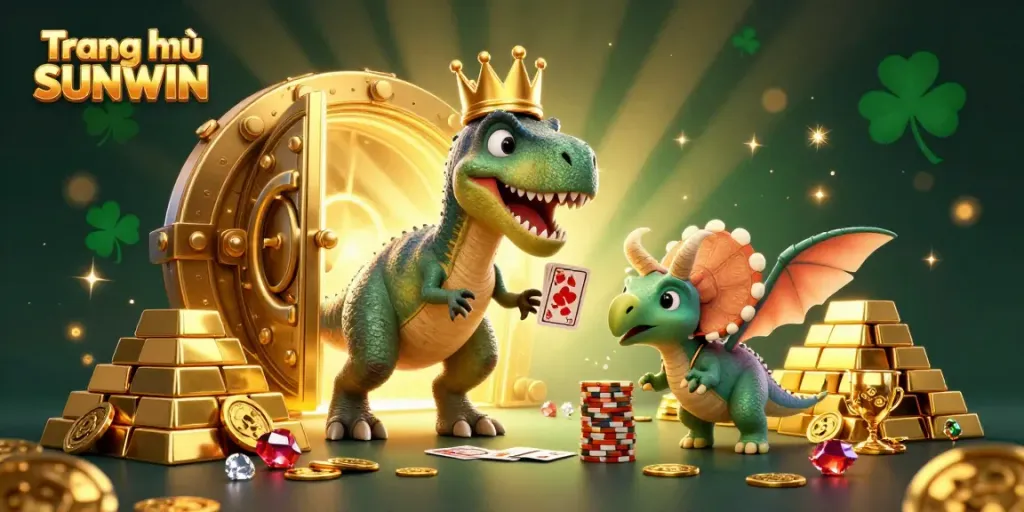 Engage with fun at Trang chủ SUNWIN with a cartoon T-Rex shuffling cards and vibrant casino elements.