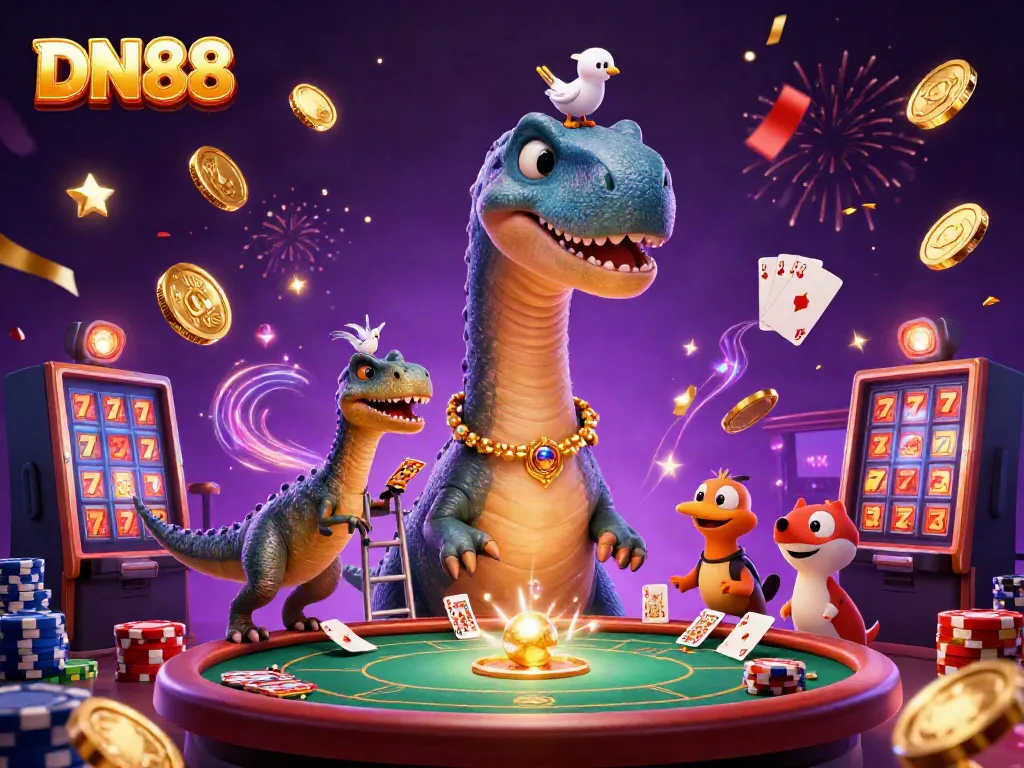Join the fun at DN88 with a whimsical 3D scene of a towering brontosaurus playing poker!