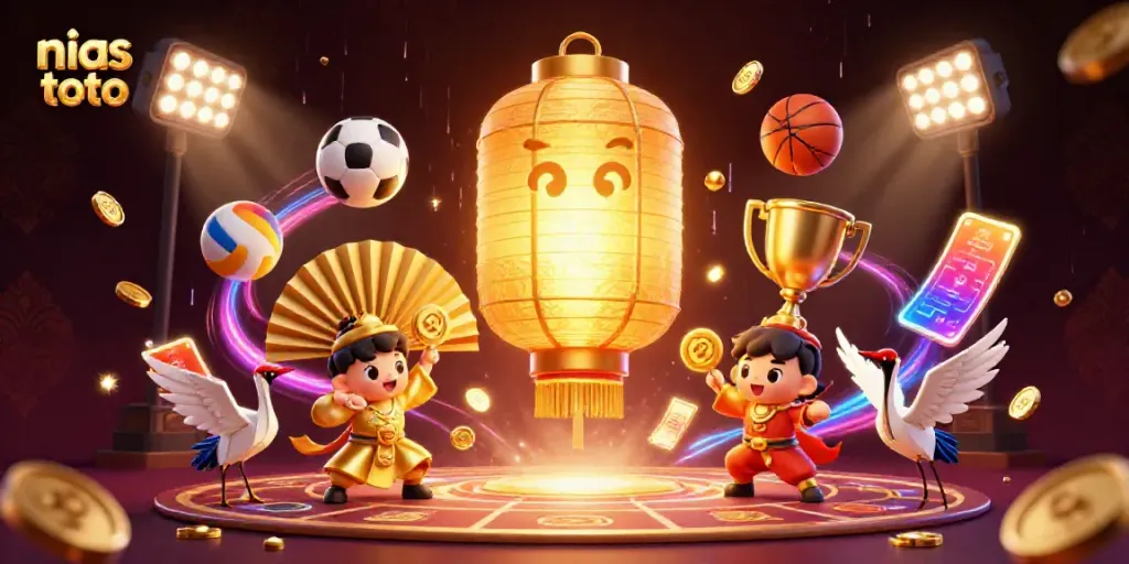 Permainan nias toto dengan roh lampion emas besar dan elemen kasino yang bercahaya.