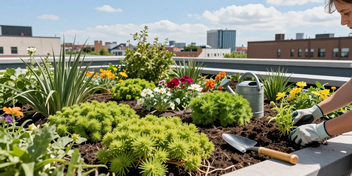 Umfangreiche dachbegrünung auf urbanem Dach mit lebhaften Sedum-Pflanzen.
