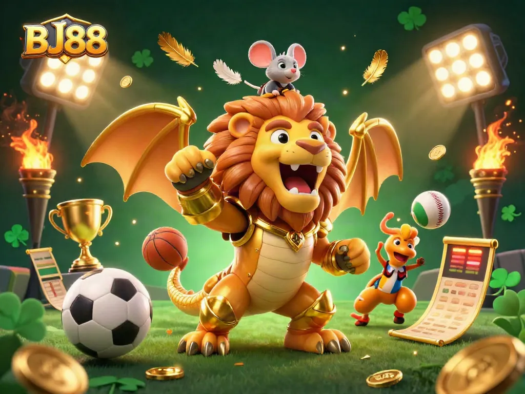 BJ88 offers exciting sports betting action with a chimera creature and a mouse jockey in a dynamic casino setting.