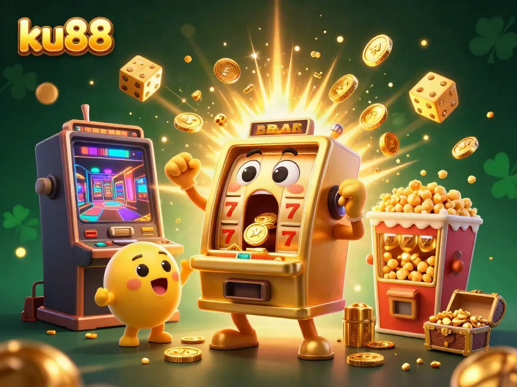 Experience excitement at ku88 with a golden slot machine celebrating its jackpot amidst flying coins and cheerful companions.