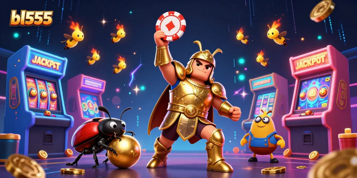 Celebrate winning at BL555 with a golden hercules beetle in armor lifting a poker chip, surrounded by arcade excitement.
