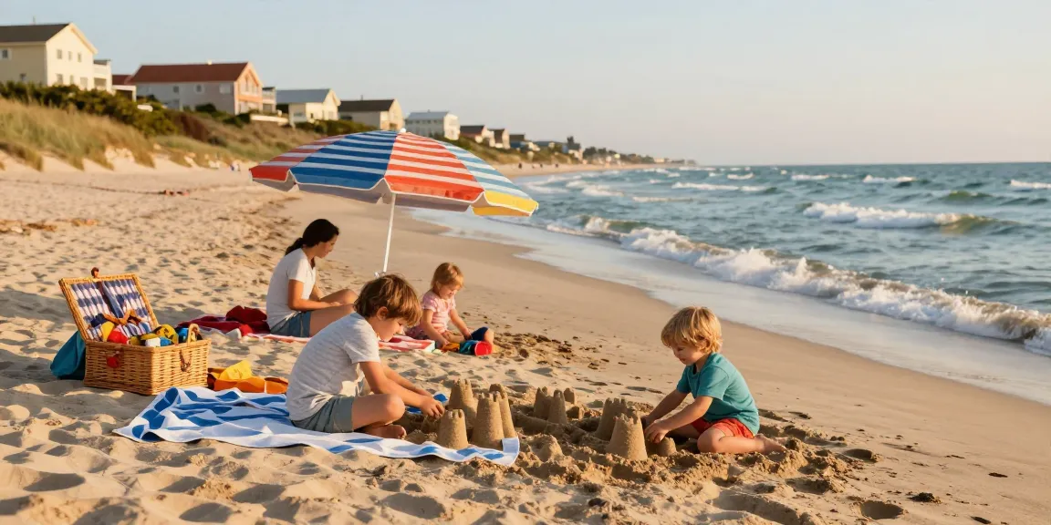 Familie am Strand von Duhnen, die Ferienwohnungen Duhnen genießen, mit Sandburgen und entspannenden Momenten in der Sonne.