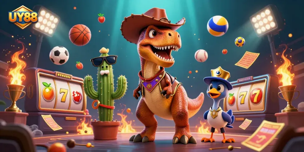 Experience thrilling action with UY88, featuring a cowboy dinosaur, a cactus, and a roadrunner in a dynamic casino scene.