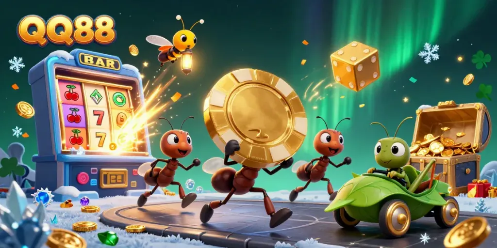 Experience thrilling gameplay with QQ88's vivid 3D illustration of ants heisting a golden chip.