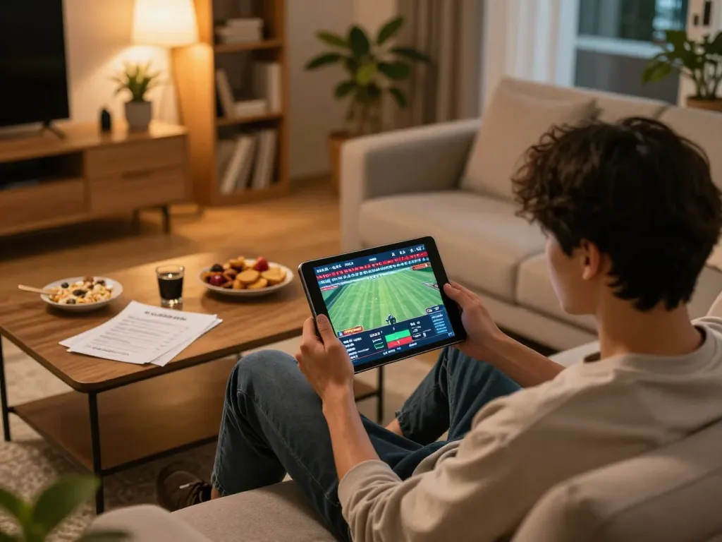 Person using cà khịa tv app on tablet for live sports betting in cozy home setting